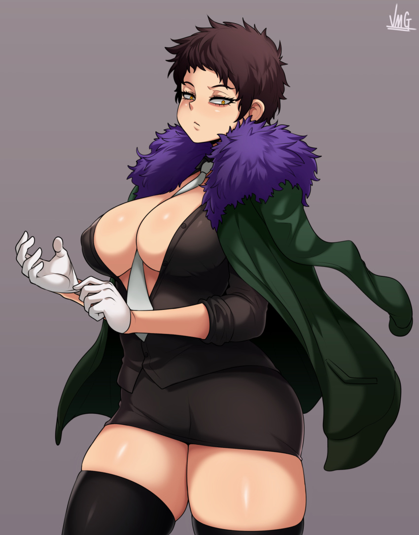 big_breasts boob_window breasts brown_hair button_down_shirt curvy curvy_female curvy_figure gloves hourglass_figure jmg large_breasts looking_at_viewer massive_breasts my_hero_academia old_art overhaul rule_63 skirt stockings suit suit_and_tie thick thick_thighs thighhighs thighs thunder_thighs voluptuous voluptuous_female