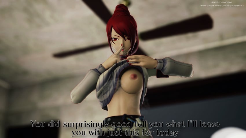 1girls 3d 3d_(artwork) atlus blender breasts comic female female_focus female_only finger_to_mouth girly lipstick mitsuru_kirijo nipple_slip nipples persona persona_3 red_hair rizzykawai shin_megami_tensei text underboob undressing