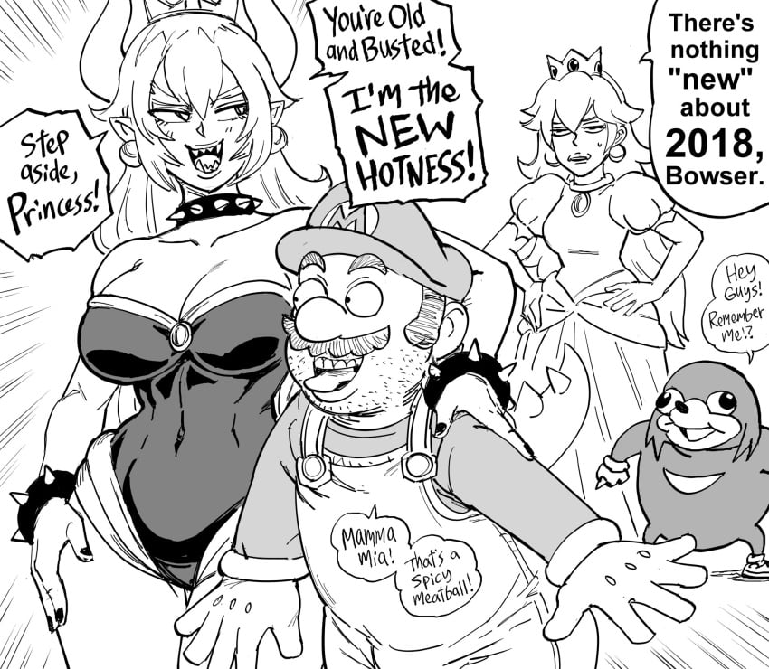 2boys 2d 2girls bb_(baalbuddy) bowsette choker crossover english_text fangs funny knuckles_the_echidna leotard mario mario_(series) meme monochrome new_super_mario_bros._u_deluxe nintendo no_sex princess princess_peach royalty rule_63 sega simple_background sonic_(series) stubble super_mario_bros. text tired ugandan_knuckles