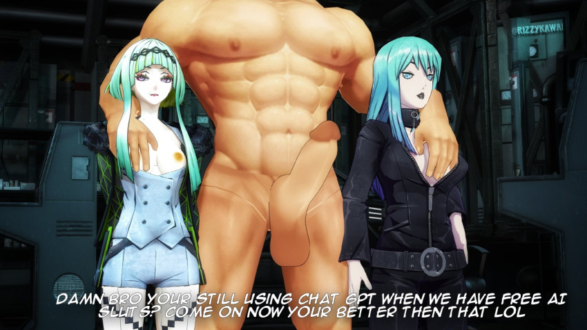 1boy 2girls 3d 3d_(artwork) artificial_intelligence blender blue_hair breast_grab breast_squeeze breasts breasts_out casual cfnm clothed_female_nude_male confused dark_skin devil_summoner female green_hair grope grope_from_behind human light-skinned_female lipstick male male/female muscular_male nemissa_(megami_tensei) nipples pale_skin penis ringo_(soul_hackers) rizzykawai robot robot_girl shin_megami_tensei soul_hackers soul_hackers_2 text