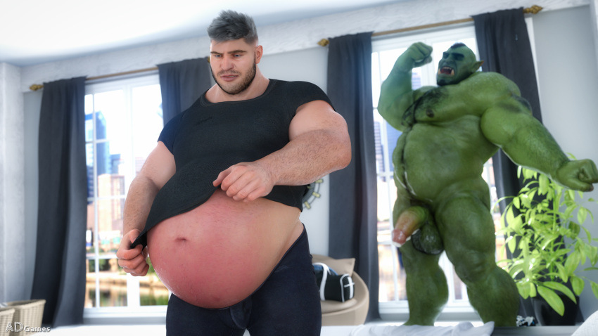 3d ad-games balls belly belly_inflation big_belly boruk_(ad-games) duo fangs genitals green_body green_skin hi_res human humanoid humanoid_pointy_ears inflation male male_only mammal orc penis pregnant pregnant_male size_difference teeth