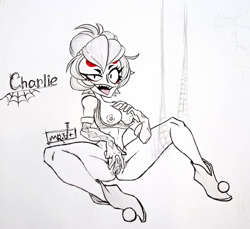 big_hips bra brawl_stars breasts charlie_(brawl_stars) circus clothed_sex half_dressed hips leg_lift leg_up looking_pleasured panties_removed playful pussy sharp_teeth solo spider_web spider_web_print spread_legs