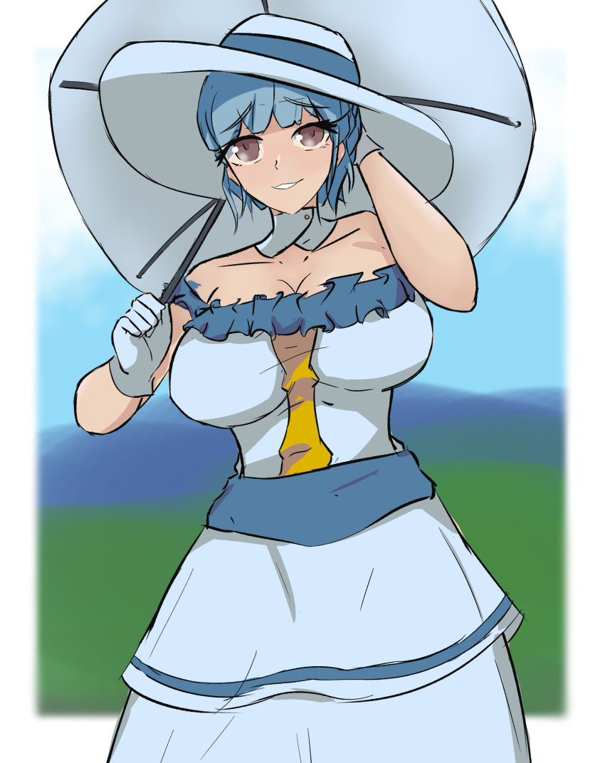 1girls alternate_costume alternate_hairstyle bangs bare_shoulders blue_hair breasts brown_eyes cleavage collarbone dress female female_only fire_emblem fire_emblem:_three_houses gloves hat in2naps large_breasts light_blue_hair marianne_von_edmund nintendo outdoors parasol short_hair shoulders smile solo southern_belle umbrella