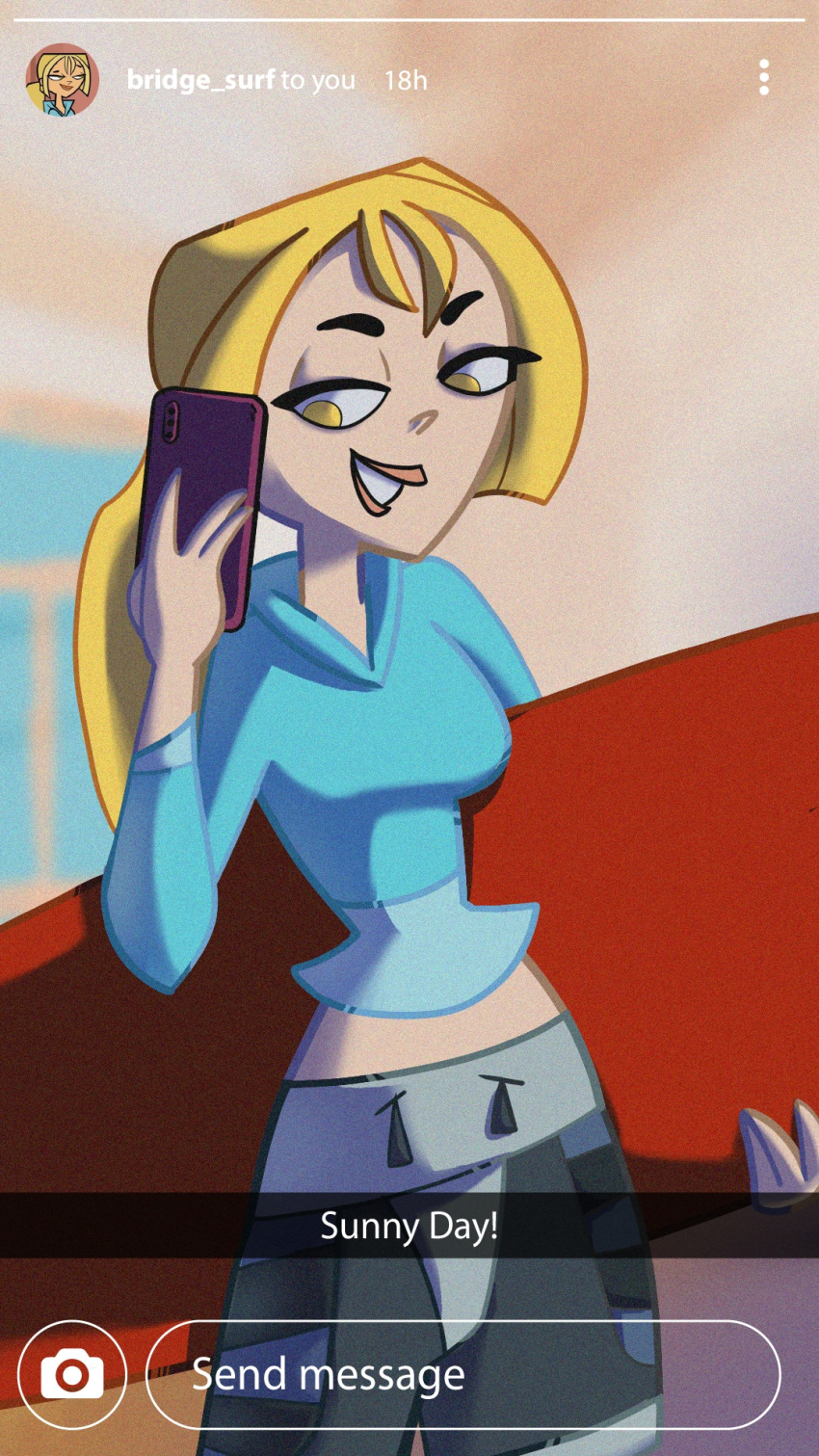 2d ass big_ass bridgette_(tdi) butt caption female female_only mirror mirror_selfie selfie snapchat solo solo_female surfer total_drama_island