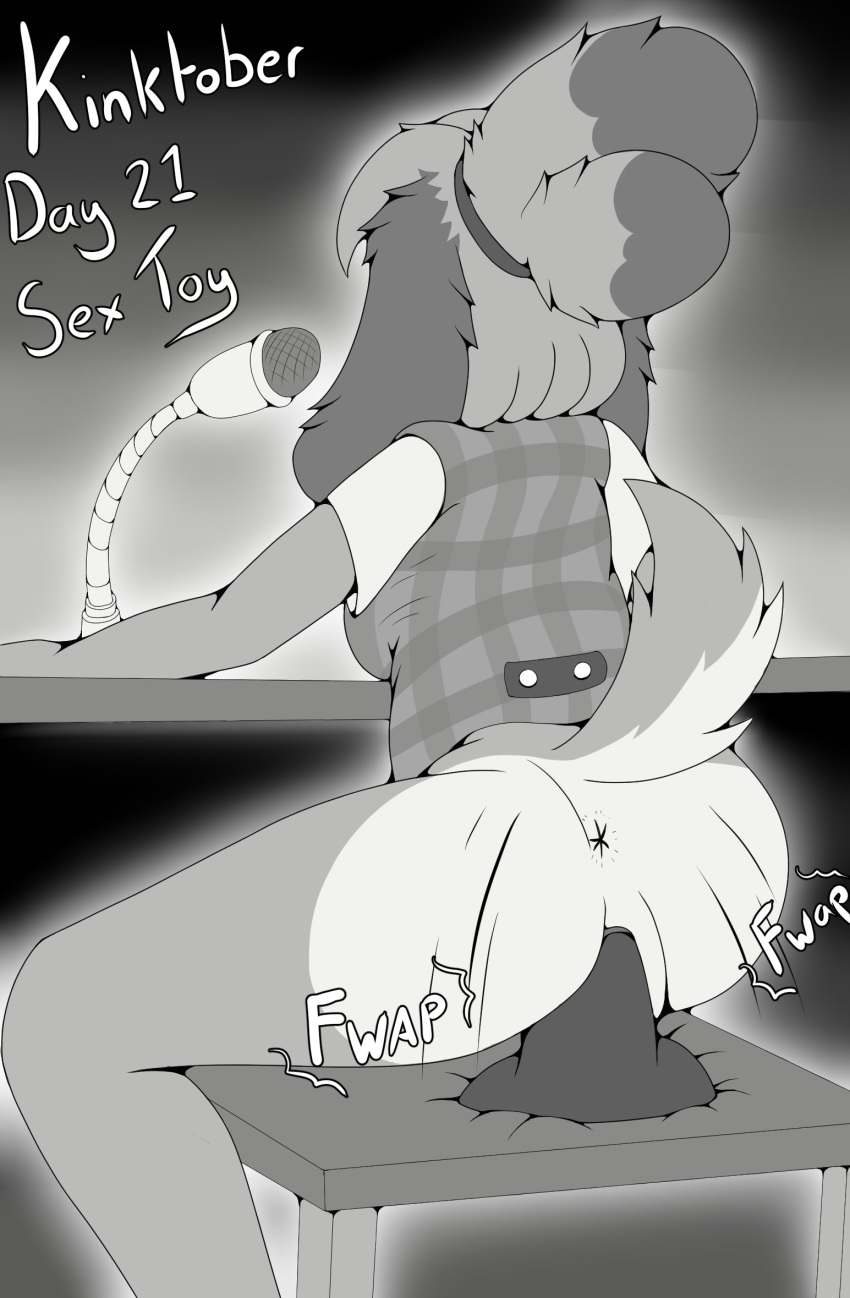 1girls animal_crossing anthro anus ass black_and_white bottomless butt_focus canid canine canis clothed clothing desk domestic_dog female female_only foxkai furniture genitals hi_res inktober inktober_2023 isabelle_(animal_crossing) kinktober mammal microphone monochrome nintendo page_21 penetration pussy rear_view sex_toy sex_toy_insertion shih_tzu sitting solo sound_effects stool table toy_dog vaginal_penetration