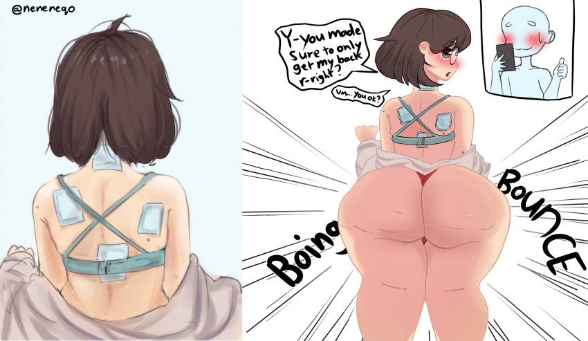 1boy 1girls ass bandage big_ass big_butt blue_skin blush blush_lines blushing_at_viewer blushing_female blushing_male blushing_profusely bra brollyinthewind brown_eyes brown_hair brunette_hair cellulite chubby chubby_female creator_(neneneqo) emphasis_lines english_text fat_ass female gigantic_ass gigantic_butt glasses huge_ass huge_butt lilacumbrella_(artist) looking_at_viewer looking_back mole mole_(marking) neneneqo onomatopoeia pale pale-skinned_female pale_body pale_skin red_shorts short_hair shorts shortstack simple_background solo_focus thick_ass thick_thighs twitter twitter_user_sona twitter_username undressed undressing wide_hips wide_thighs