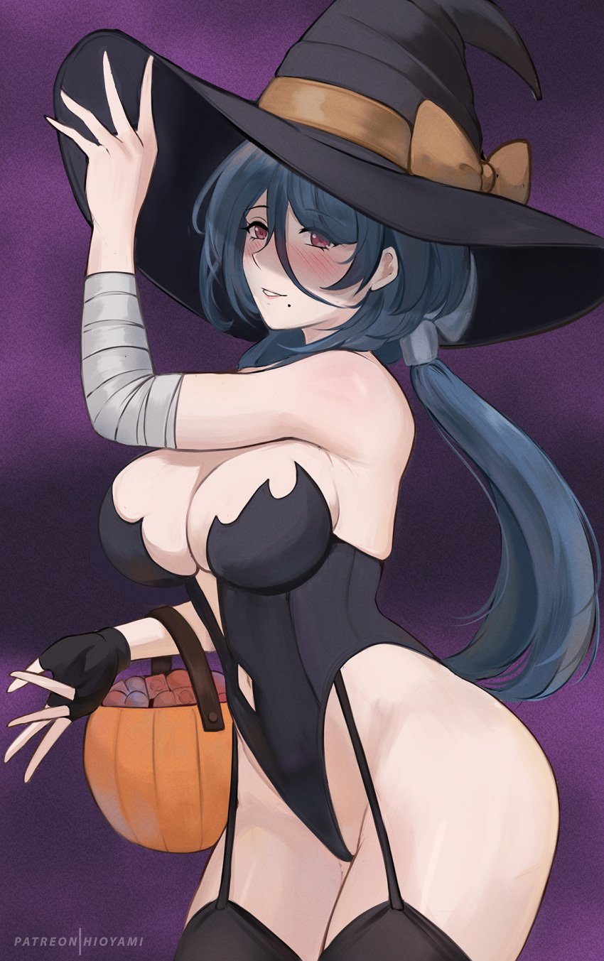 1girls armwear big_breasts black_leotard black_thighhighs blush breasts dark_blue_hair female female_only garter_straps hair halloween halloween_costume hat headwear hioyami hips honkai:_star_rail huge_breasts legwear leotard mole mole_under_mouth natasha_(honkai:_star_rail) purple_eyes smile solo solo_female thick_thighs thighhighs thighs witch witch_hat