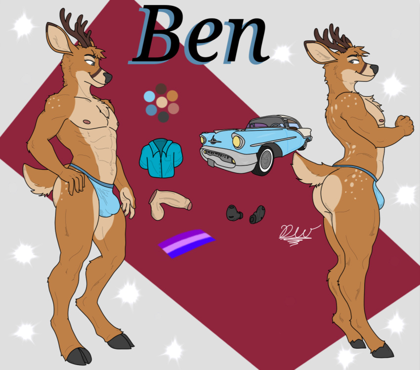 anthro antlers ass balls ben_(delta_dewitt) clothed clothing deer delta_dewitt digital_media_(artwork) fur genitals hi_res horn male mammal model_sheet nipples penis simple_background solo underwear