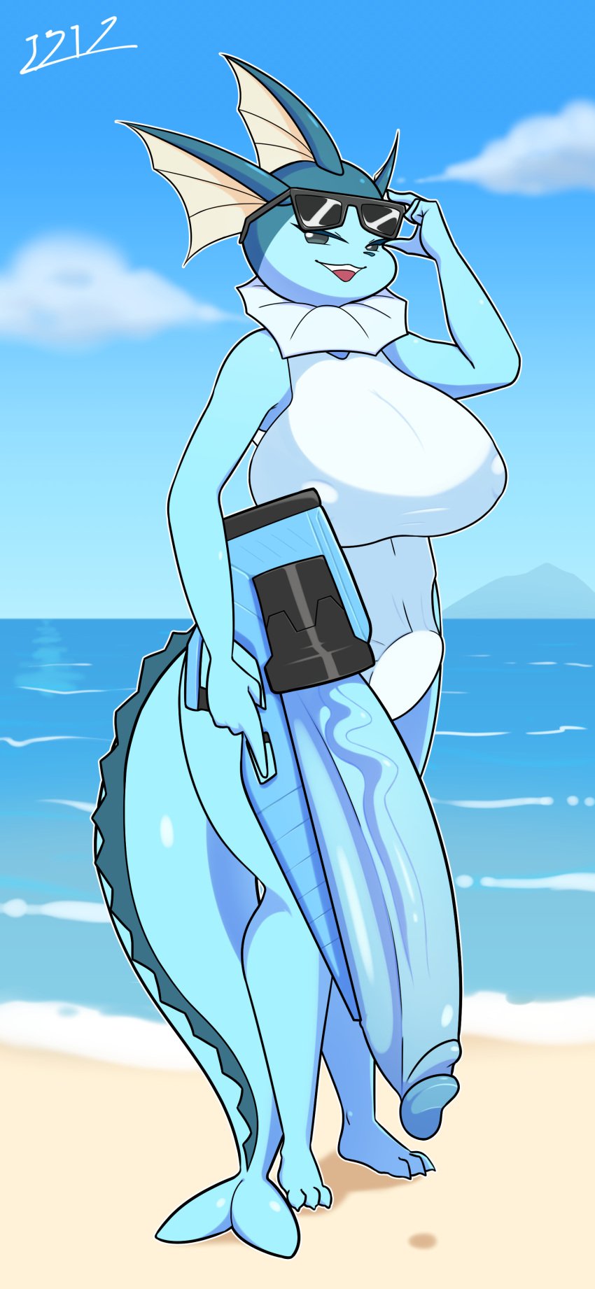 2023 absurd_res anthro beach big_breasts big_penis big_tail blue_body breasts clothed clothing eeveelution eyewear futanari generation_1_pokemon genitals gynomorph hi_res huge_breasts huge_cock humanoid_genitalia humanoid_penis i3i2455_ivi394 intersex looking_at_viewer nintendo nipple_outline open_mouth outside penis pokemon pokemon_(species) portal sand seaside sky smile solo sunglasses swimwear tail toy toy_gun vaporeon water_gun