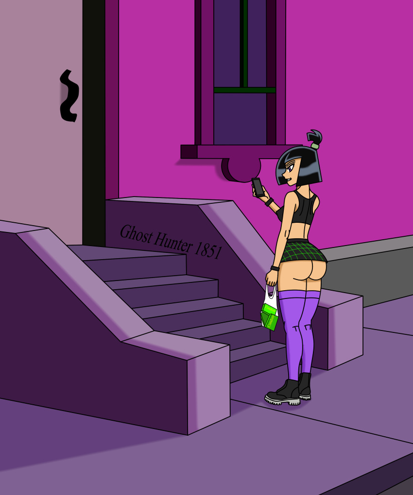 1girls ass big_ass boots bottomless bubble_butt butt condom_box danny_phantom female ghosthunter1851(artist) goth goth_girl holding_bag holding_object holding_phone miniskirt nickelodeon no_panties ponytail purple_eyes sam_manson side_view sideboob skirt stockings