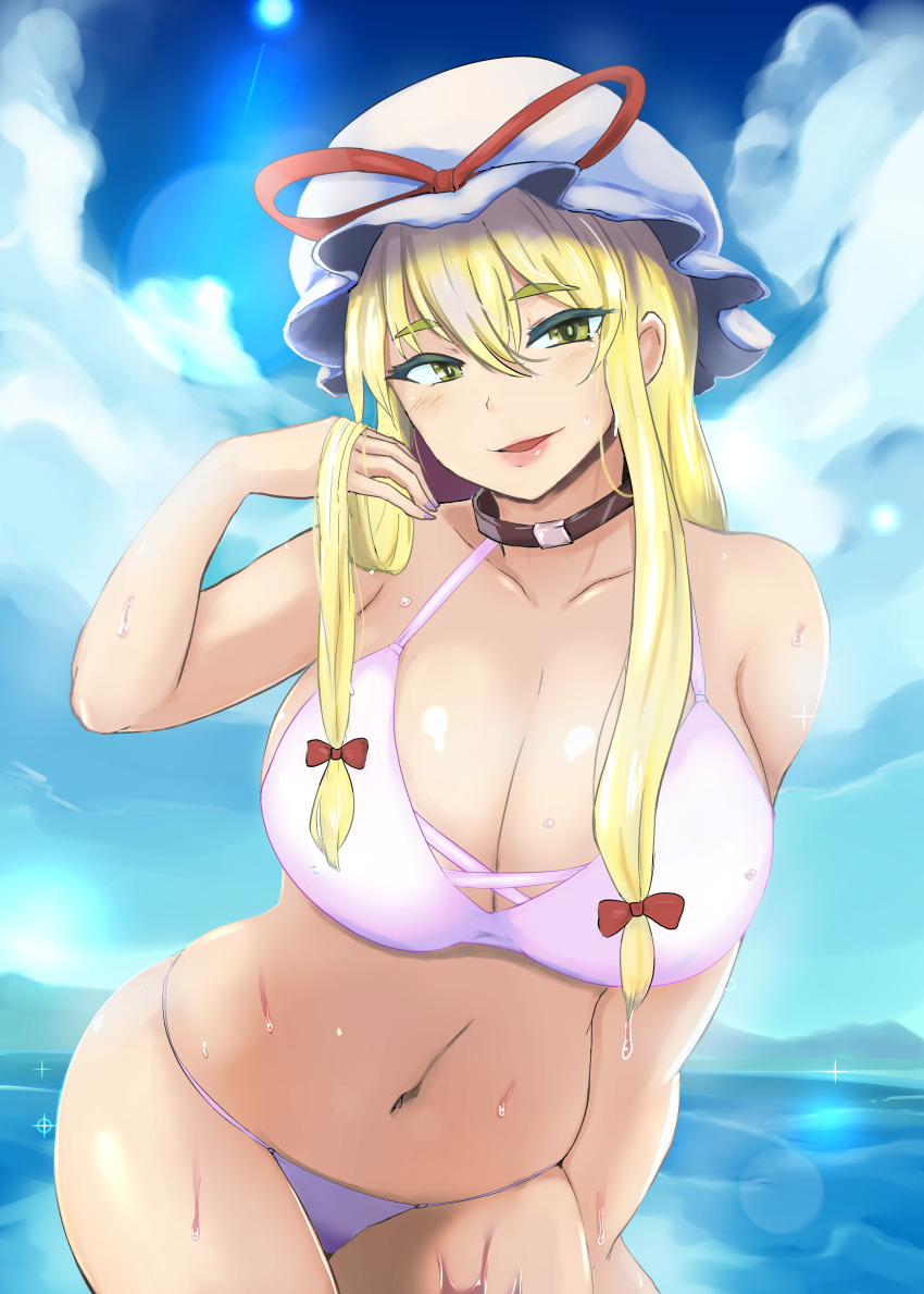 1girls absurdres animal_collar arm_at_side arm_up bikini blonde_hair blue_sky blush breasts cleavage cloud collar collarbone colored_eyelashes contrapposto cowboy_shot day dripping female hair_between_eyes hand_in_own_hair hat hat_ribbon head_tilt highres hip_focus large_breasts leaning_forward lens_flare long_hair looking_at_viewer mature_female milf mismatched_bikini mob_cap mountainous_horizon nail_polish navel ocean open_mouth pink_bikini pink_lips purple_bikini purple_nails ramototu red_ribbon ribbon shiny_skin sidelocks sideways_glance sky smile solo stomach swimsuit tagme thighs thong_bikini touhou wading wet white_headwear yakumo_yukari yellow_eyes yukari_yakumo