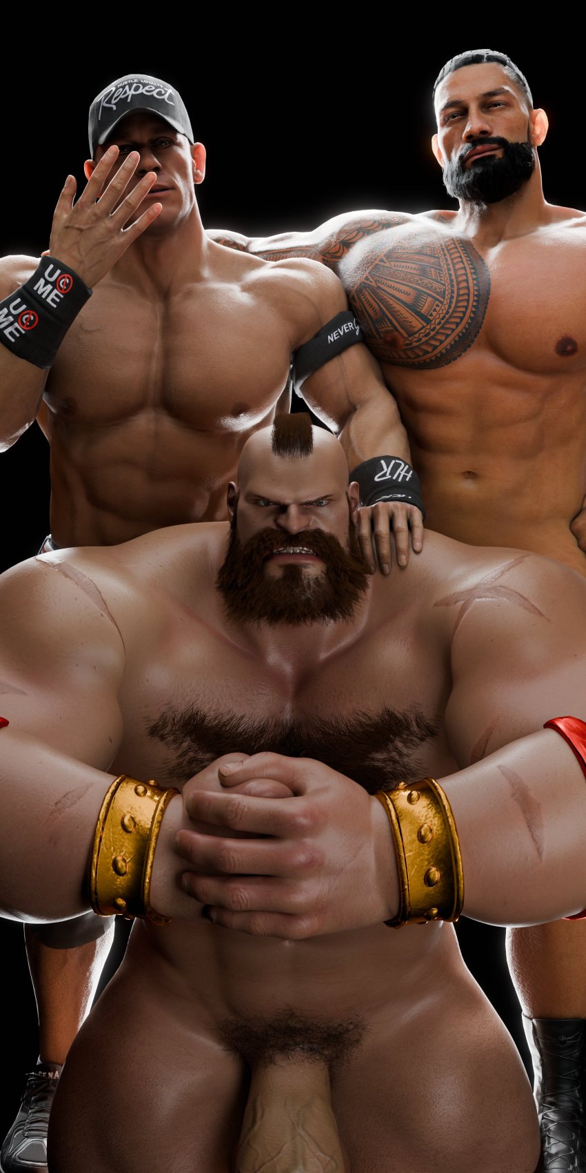 3boys 3d 3d_(artwork) 3d_model 3humans 3males bara bara_ass bara_tiddies bara_tits flaccid flaccid_cock flaccid_penis hairy_chest helices3d john_cena male male_nudity male_only manly masculine muscles muscular muscular_male nude pubic_hair roman_reigns street_fighter street_fighter_6 wrestlers wrestling wwe zangief