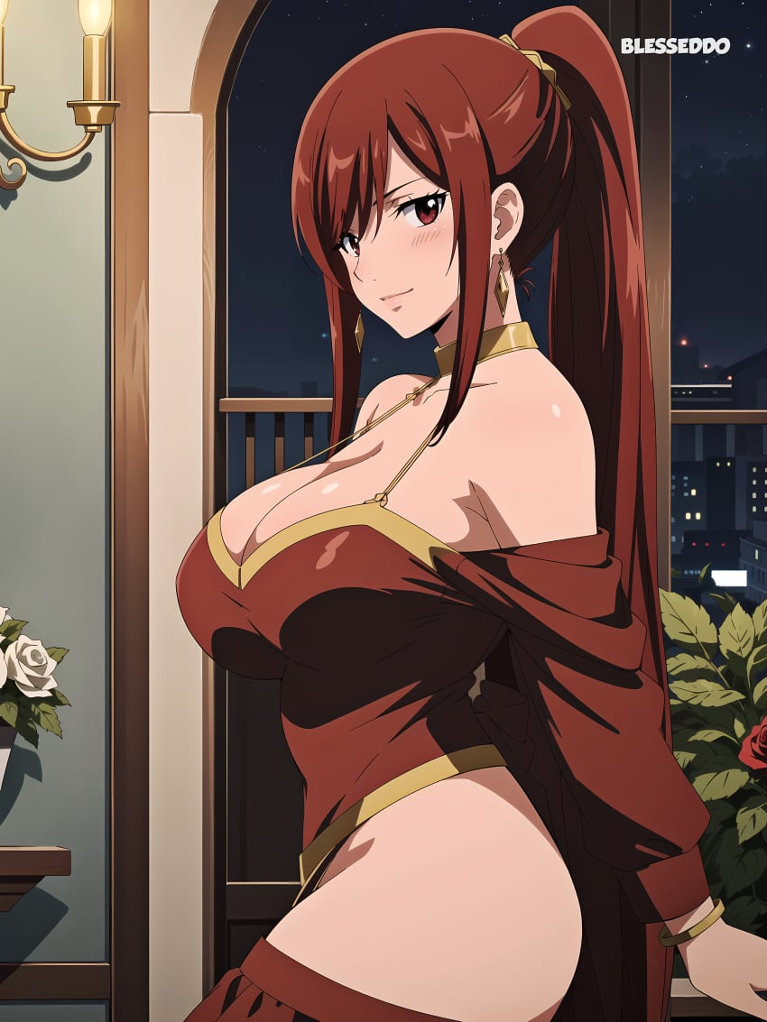 ai_generated big_breasts blesseddo erza_scarlet fairy_tail long_hair looking_at_viewer red_eyes red_hair side_view