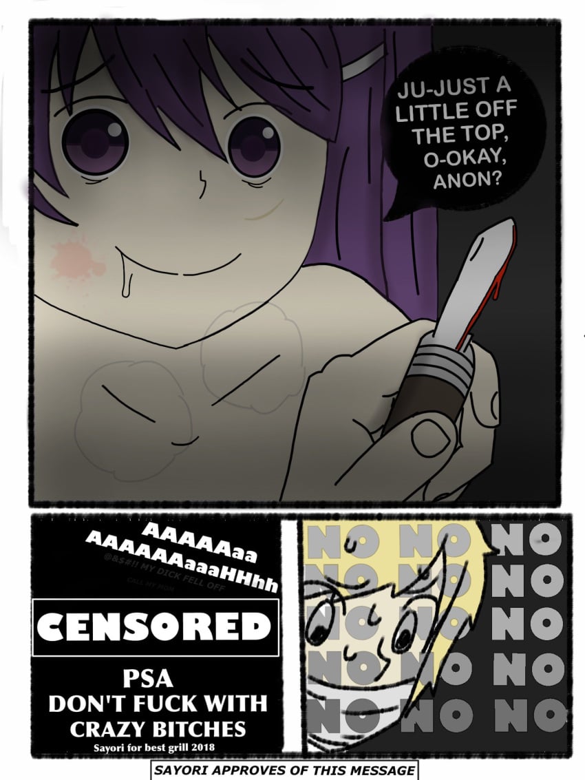 1boy 1female 1girls 1male 2018 3_panel_comic act_2 blood blood_on_knife blood_on_weapon censored comic crazy_bitch crazy_girl doki_doki_literature_club english_text gore grammatical_error gumby-chan gumbychan guro holding holding_knife holding_weapon knife no psa purple_eyes purple_hair speech_bubble spelling_error stuttering text text_bubble weapon yuri_(doki_doki_literature_club)