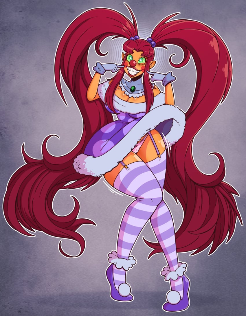 1girls bikini bra cleavage clown clown_girl clown_makeup clown_nose clownification female female_only garter_straps huge_breasts panties smile starfire suffering teen_titans thick_thighs thighhighs unhappy_trance wide_hips wrenzephyr2