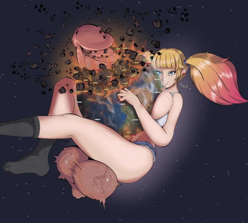 1futa balls blonde_hair blue_eyes blush breasts clothed clothing death_count destruction earrings earth erection eule_(flanc20) explosion futa_giantess futa_only futanari giantess huge_balls huge_breasts huge_cock human hyper_penis light-skinned_futanari light_skin looking_at_viewer macro mostly_nude ntertainer penis planet planet_destruction planet_penetration pointy_ears socks solo space