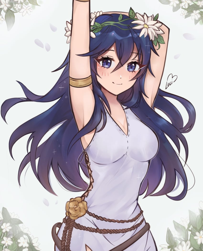 1girls alternate_costume arm_up armlet armpits blue_eyes blue_hair blush breasts commentary dress english_commentary female female_only fire_emblem fire_emblem_awakening fire_emblem_heroes flower hair_between_eyes head_wreath highres jewelry leaf long_hair looking_at_viewer lucina_(fire_emblem) lucina_(valentine)_(fire_emblem) medium_breasts nintendo official_alternate_costume petals purrlucii signature sleeveless sleeveless_dress smile solo white_dress white_flower