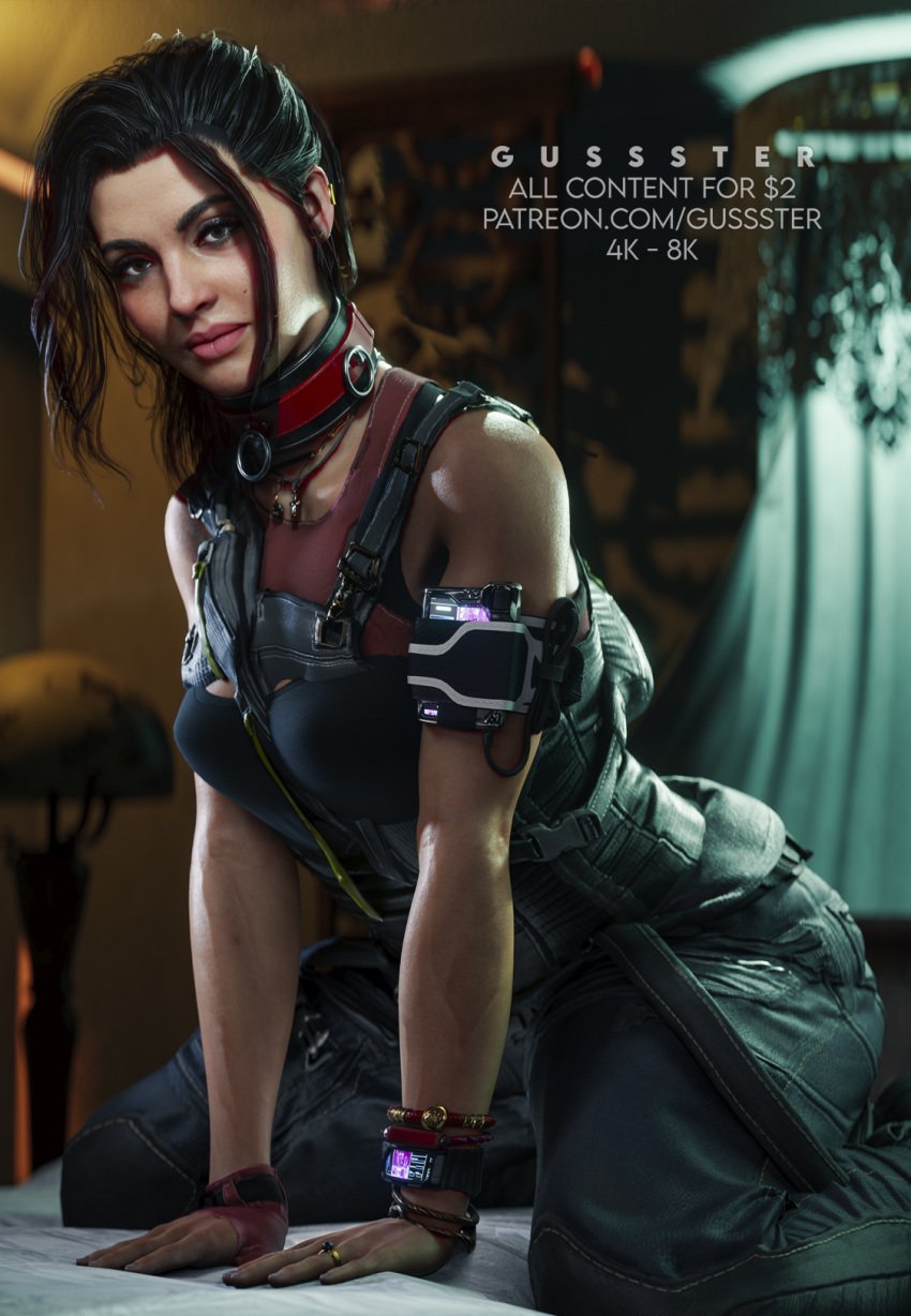 3d big_breasts breasts claire_russell cyberpunk_2077 fanart female female_focus female_only futuristic gussster hi_res necklace neckline outfit pov pov_eye_contact realistic solo video_games wet