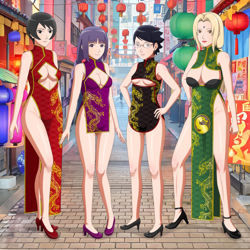 4girls adult age_difference bare_legs bare_shoulders black_eyes black_hair blonde_hair borusumi boruto:_naruto_next_generations boruto:_two_blue_vortex braided_twintails braids breasts brown_eyes center_opening cheongsam china_dress chinese_clothes cleavage cutout female female_only footwear full_body heels high_heels human kakei_sumire kurotsuchi long_dress long_hair multiple_girls naruto naruto_(series) naruto_shippuden no_bra_under_clothes no_panties no_panties_under_dress older_female older_woman_and_younger_girl purple_eyes purple_hair qipao revealing_clothes sarada_uchiha shoes short_dress short_hair skimpy skimpy_clothes teenager tsunade twintails very_long_hair younger_female