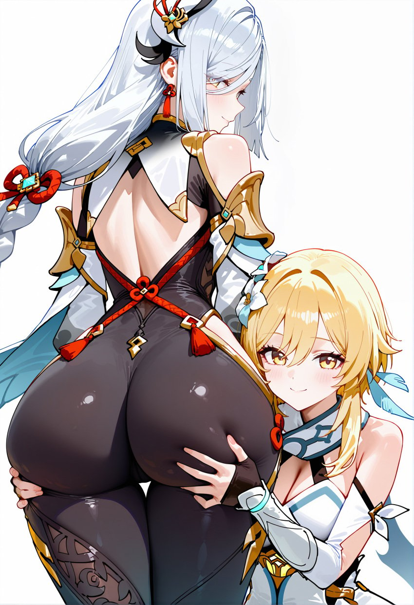 2girls ai_generated ass ass_focus ass_grab ass_support bare_shoulders blonde_hair braid breasts deep_skin female_face_near_ass from_behind genshin_impact green_eyes hair_feathers hair_flower hair_ornament head_on_ass huge_ass long_hair looking_at_viewer looking_back lumine_(genshin_impact) mako16 medium_breasts orange_eyes shenhe_(genshin_impact) shiny shiny_clothes shiny_hair shiny_skin short_hair_with_long_locks silver_hair skin_tight smile very_long_hair