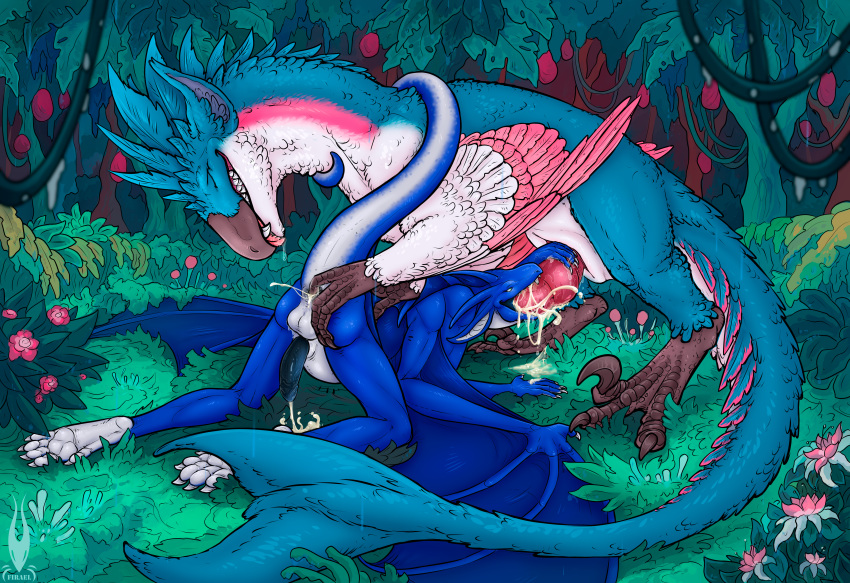 absurd_res anal anal_fingering anthro anthro_on_feral anthro_penetrated anus balls blue_body blue_feathers blue_scales bodily_fluids cum cum_from_ass cum_in_ass cum_inside dinosaur dragon dromaeosaurid duo ejaculation_while_penetrated erection feathered_dinosaur feathers feral feral_penetrating feral_penetrating_anthro fingering firael firondraak genital_fluids genitals grass hi_res knot male male/male mythological_creature mythological_scalie mythology oral penetration penis pink_body pink_feathers plant reptile ryke_sellwing scales scalie sex slit tailbutt teeth theropod velociraptor white_body white_scales zoophilia