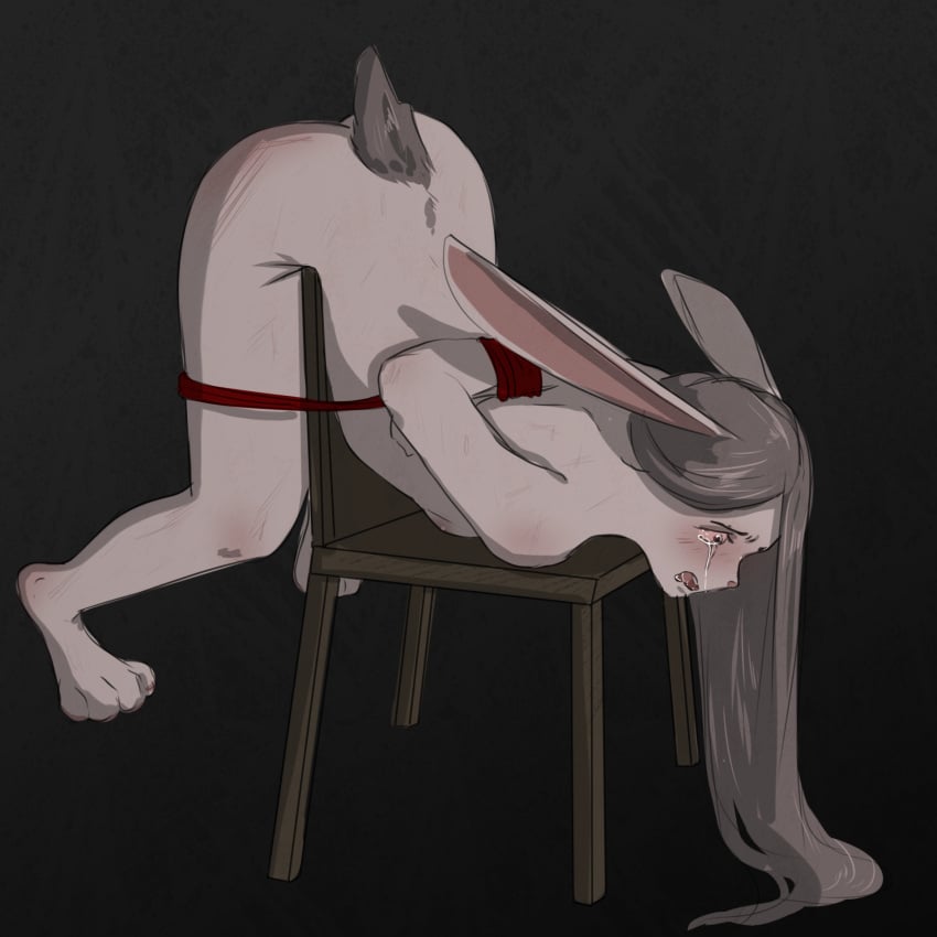 anthro ass blush bodily_fluids bondage bondage bound breasts chair female forced furniture hair hi_res lagomorph leporid mammal mieri_(yourumi) nipples nude open_mouth rabbit rape restraints rope rope_bondage rope_harness simple_background solo submissive tail tears yourumi