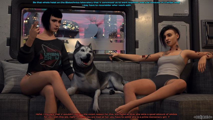 1animal 2girls 3d barefoot black_hair blue_eyes brown_eyes busty canine cleavage couch cyberpunk_2077 daz_studio domestic_dog driigon evelyn_parker fit_female human husky judy_alvarez living_room mature mature_female pajamas short_hair smoking tattoo two_tone_hair video_games zoophilia