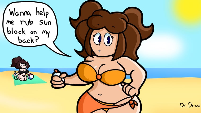 2021 2girls artist_request beach beach_ball big_breasts bikini black_bikini black_hair blue_eyes breasts brown_hair female female_only femscrub_(somescrub) jess_(3barts) looking_at_viewer navel orange_bikini speech_bubble sunscreen talking_to_viewer wide_hips