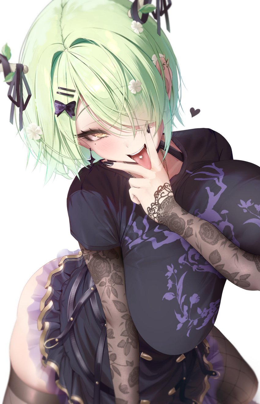 1girls branch_horns breasts ceres_fauna ceres_fauna_(goth_costume) clothed cunnilingus_gesture female goth green_hair hi_res hololive hololive_english hololive_english_-council- hololive_english_-promise- horns huge_breasts light-skinned_female light_skin naughty_face open_mouth prab short_hair tongue tongue_out tongue_piercing virtual_youtuber yellow_eyes