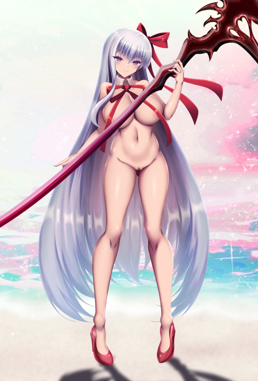 absurdres akina_t bb_(fate) bb_(swimsuit_mooncancer)_(fate) bb_(swimsuit_mooncancer)_(third_ascension)_(fate) blush breasts fate/grand_order fate_(series) female full_body hair_ribbon highres large_breasts leotard long_hair looking_at_viewer navel nipples nude purple_eyes purple_hair pussy ribbon scythe solo very_long_hair