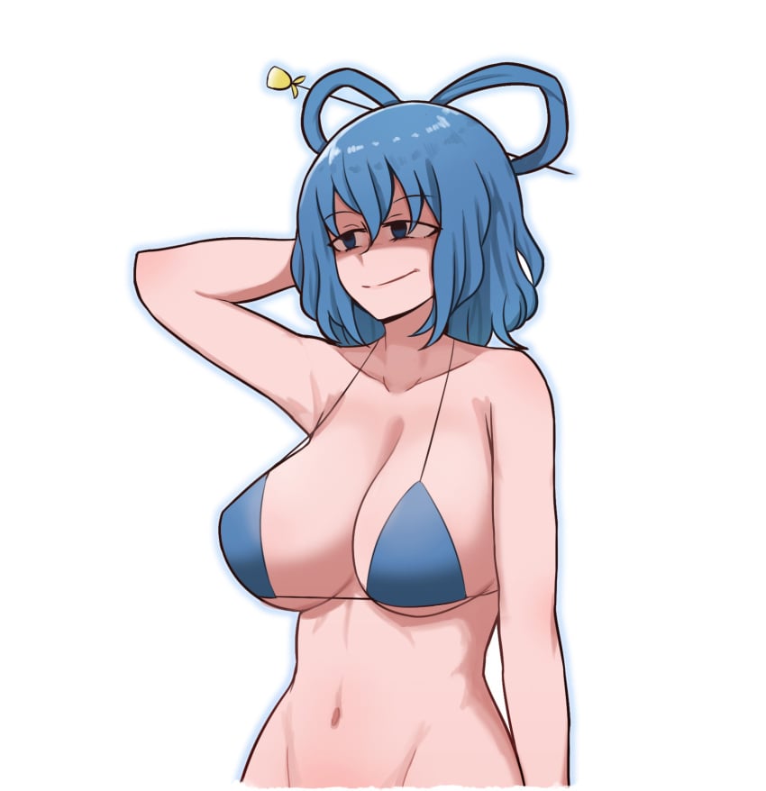 arm_up bikini bikini_top_only blue_eyes blue_hair blue_outline breasts cleavage collarbone commentary english_commentary female groin hair_ornament hair_rings hair_stick highres kaku_seiga large_breasts mata_(matasoup) mature_female milf navel outline seiga_kaku shaded_face simple_background smile smirk solo split_mouth swimsuit touhou upper_body white_background