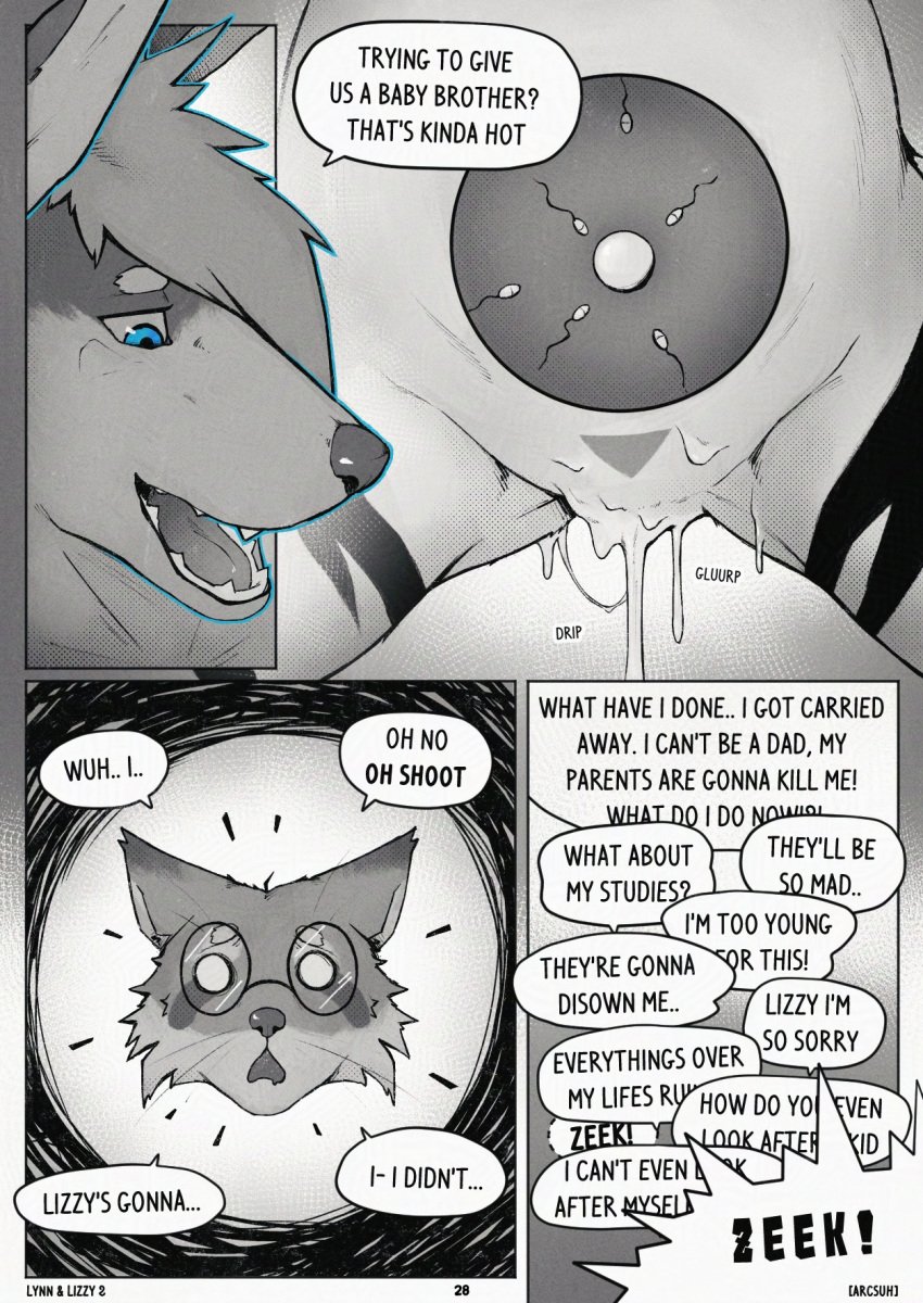 accidental_creampie accidental_impregnation anthro arcsuh black_and_white bodily_fluids canid canine comic cum cum_drip cum_inside dialogue digital_media_(artwork) dripping english_text equid equine female fur genital_fluids genitals group hair hi_res hybrid impregnation internal lilith_(arcsuh) lynn_(arcsuh) male male/female mammal monochrome nervous nude open_mouth procyonid raccoon scared simple_background speech_bubble sperm_cell stripes text trio unwanted_impregnation unwanted_pregnancy worried xray_view zebra zeek_(arcsuh)