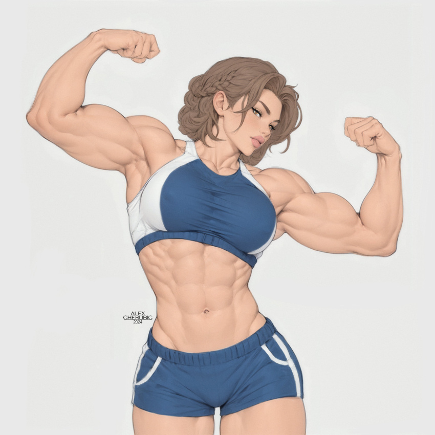 1girls abs armpits biceps braid breasts brown_eyes brown_hair cherubic_alex dated double_biceps_pose fat_mons looking_at_viewer matching_hair/eyes muscular muscular_female navel oblivious original serratus_anterior simple_background solo sports_bra watermark white_background