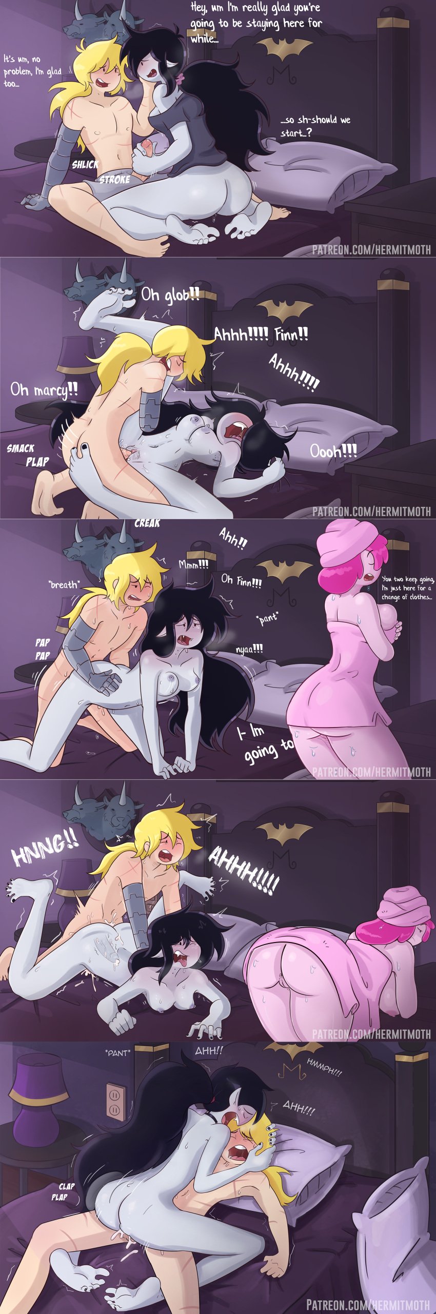 1boy 2girls adventure_time anus areolae ass bed bedroom black_hair blonde_hair breasts cartoon_network comic cum cum_in_pussy fangs finn_the_human full_comic hermitmoth marceline penetration penis pink_body pink_hair pink_skin princess_bubblegum prosthetic_arm pussy robotic_arm scar sex straight sweat sweaty text tongue towel towel_only vagina vaginal_penetration vaginal_sex vampire_girl walked_in_on