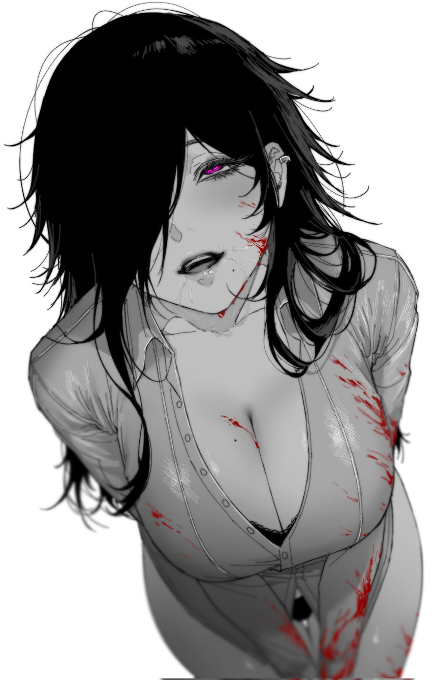 ahe_gao artist_request blood blood_on_arm blood_on_breasts blood_on_clothes blood_on_face blood_on_leg blurry bra bra_peek breasts cleavage collarbone collared_shirt corrupted_twitter_file cowboy_shot cum depth_of_field dress_shirt earrings eyelashes facial female from_above hair_down hair_over_one_eye hair_over_shoulder half-closed_eyes highres hyojin jewelry korean_commentary large_breasts long_hair long_sleeves looking_at_viewer looking_up messy_hair mole mole_on_breast mole_under_mouth monochrome no_pants one_eye_covered open_mouth original panties partially_unbuttoned purple_eyes shirt simple_background solo thigh_gap underwear v_arms