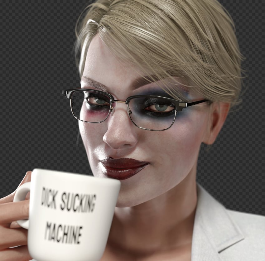 1girls 3d batman_(series) bespectacled blonde_hair blue_eyes blurry_foreground dc dc_comics dr._harleen_quinzel female female_only glasses harleen_quinzel harley_quinn harley_quinn_(injustice) humor injustice_2 light-skinned_female light_skin lips lipstick makeup meme mug profanity smitty34 smug solo truth