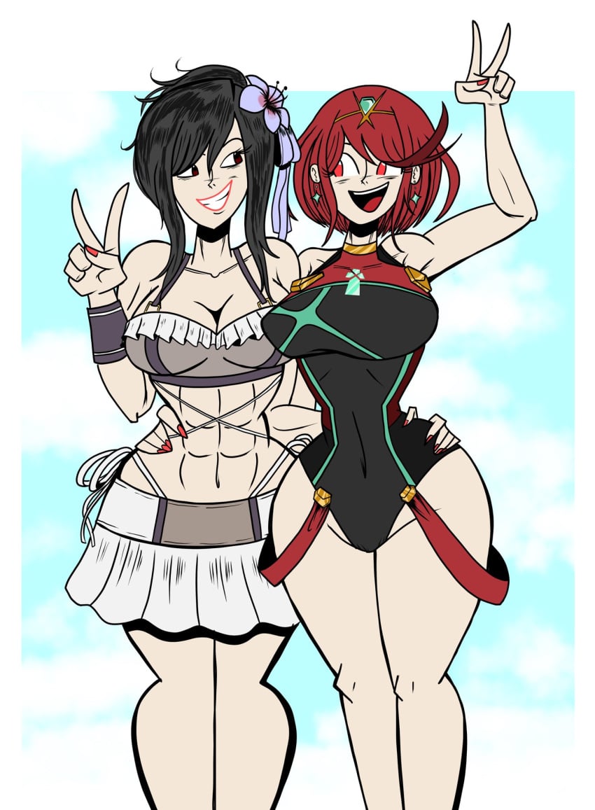 2girls abs alternate_costume breasts crossover female female_only final_fantasy final_fantasy_vii nintendo pyra shelbellart swimsuit tagme tifa_lockhart xenoblade_(series) xenoblade_chronicles_2