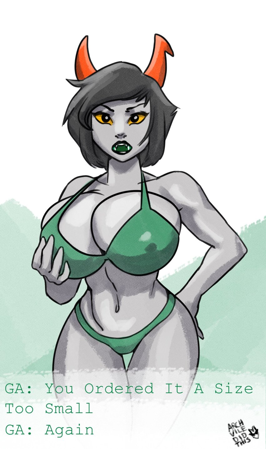 1girls archvile_(artist) big_breasts breasts cleavage clothing dialogue female gray_body gray_skin grey_body grey_skin homestuck huge_breasts kanaya_maryam ms_paint_adventures skimpy solo solo_female text