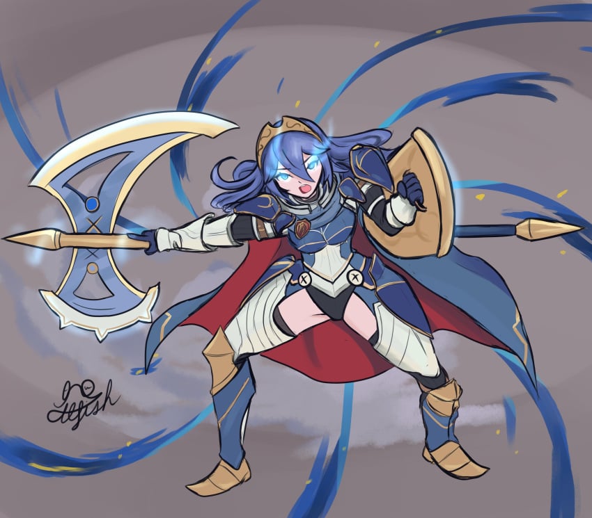 1girls alternate_costume armor axe bare_thighs black_panties blue_eyes blue_hair boots breasts cape ctl_fish female female_only fire_emblem fire_emblem_awakening fire_emblem_heroes hair_between_eyes inner_thighs long_hair looking_at_viewer lucina_(fate's_resolve)_(fire_emblem) lucina_(fire_emblem) nintendo official_alternate_costume open_mouth panties shield small_breasts solo symbol-shaped_pupils thigh_boots thighs tiara underwear weapon