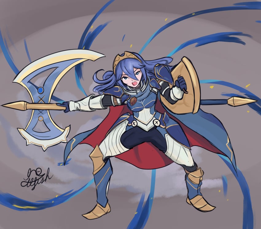 1girls adapted_costume alternate_costume armor axe blue_eyes blue_hair boots breasts cape ctl_fish female female_only fire_emblem fire_emblem_awakening fire_emblem_heroes hair_between_eyes long_hair looking_at_viewer lucina_(fate's_resolve)_(fire_emblem) lucina_(fire_emblem) nintendo official_alternate_costume open_mouth pants shield small_breasts solo symbol-shaped_pupils thigh_boots tiara weapon