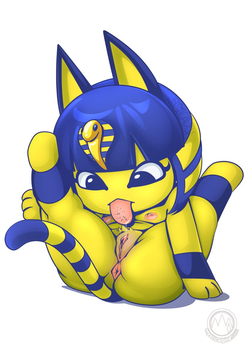 2024 absurd_res animal_crossing ankha ankha_(animal_crossing) anthro anus areola ass autocunnilingus blue_eyes blue_hair bodily_fluids breasts clitoral_hood domestic_cat egyptian egyptian_headdress eyelashes felid feline felis female female_only genitals hair hi_res mammal masturbation mysticalpha nintendo nipples nude_female oral oral_masturbation pink_anus pink_areola pink_pussy pubes pussy saliva saliva_string simple_background sitting solo spread_legs spreading tongue tongue_out vaginal_masturbation vaginal_penetration white_background yellow_body