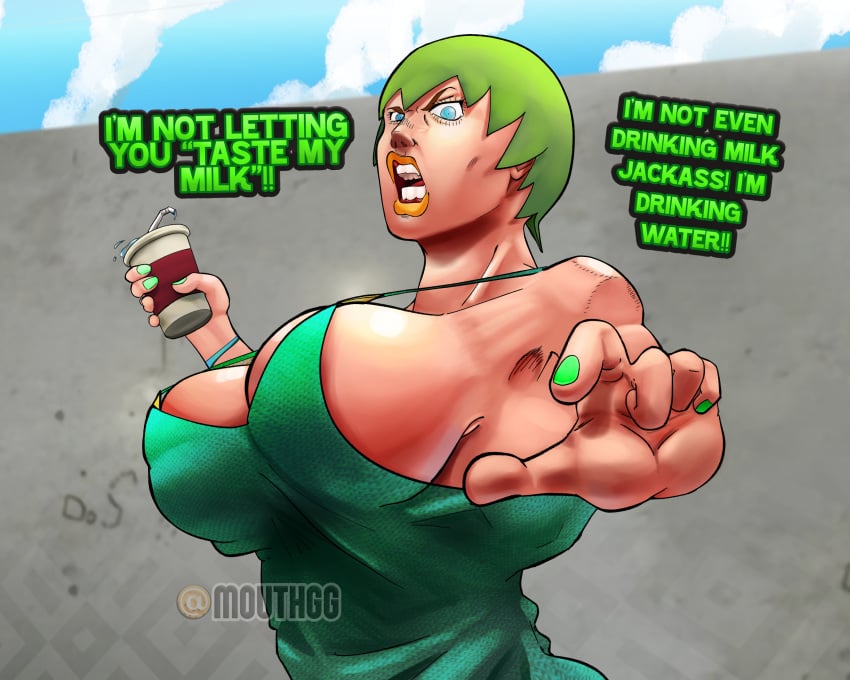 1girls angry angry_face anime big_ass big_breasts breasts cup dialogue female female_focus female_only foo_fighters girl green_clothing green_eyes green_hair huge_breasts jojo's_bizarre_adventure jojo_reference light-skinned_female light_skin lipstick looking_at_viewer makeup mouthgg nail_polish overalls short_hair shounen_jump stone_ocean talking_to_viewer thick_thighs water yellow_lipstick