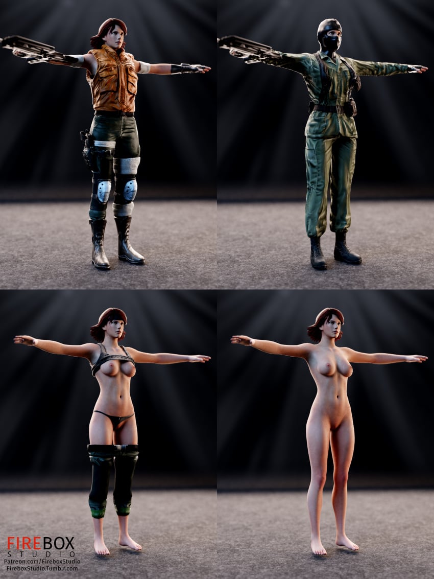 1girls clothing fireboxstudio fully_clothed gun meryl_silverburgh metal_gear metal_gear_solid nude nude_female pants_down red_hair shirt_up t-pose tagme