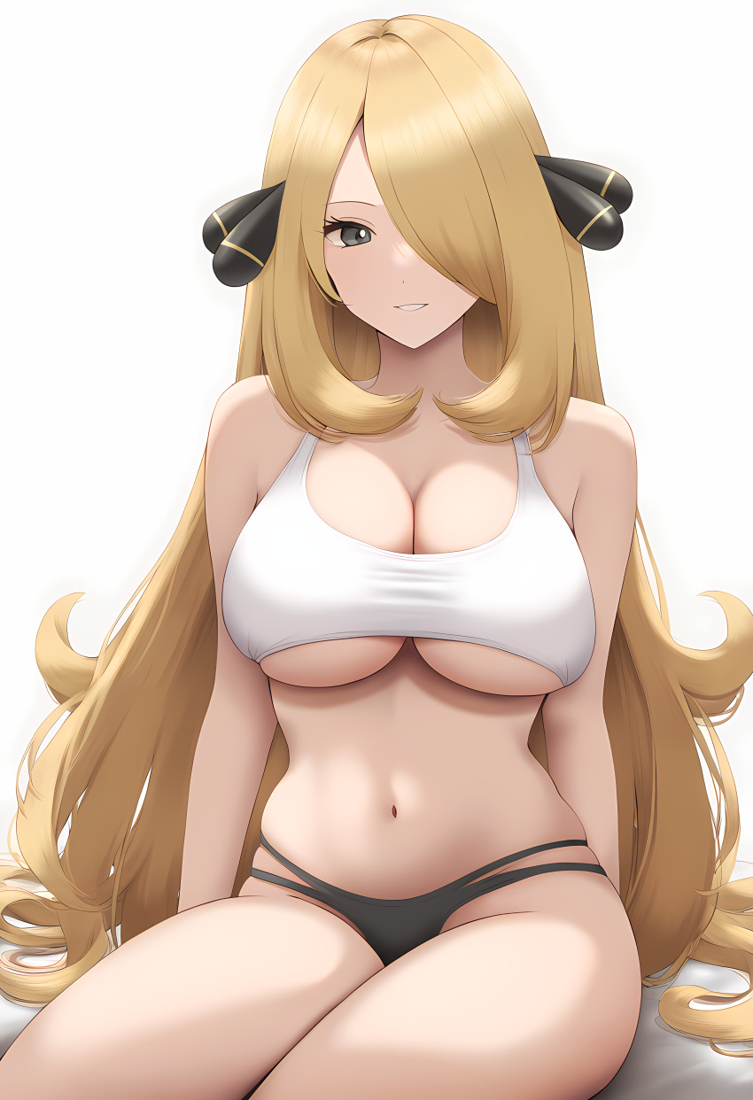 1girls ai_generated bangs bare_shoulders black_eyes black_panties blonde_hair blush breasts cleavage collarbone curvy cynthia_(pokemon) female grey_eyes hair_ornament hair_over_one_eye large_breasts long_hair looking_at_viewer navel panties parted_lips pokemon shiny shiny_skin sitting skindentation smile solo stomach striped striped_background striped_shirt thighs underboob underwear vertical_stripes very_long_hair white_background