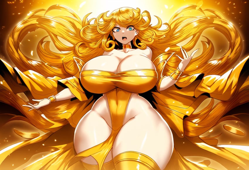 ai_generated female gold golden_hair huge_breasts huge_hair looking_at_viewer novelai pelvic_curtain solo solo_female solo_focus thick_thighs yellow_hair