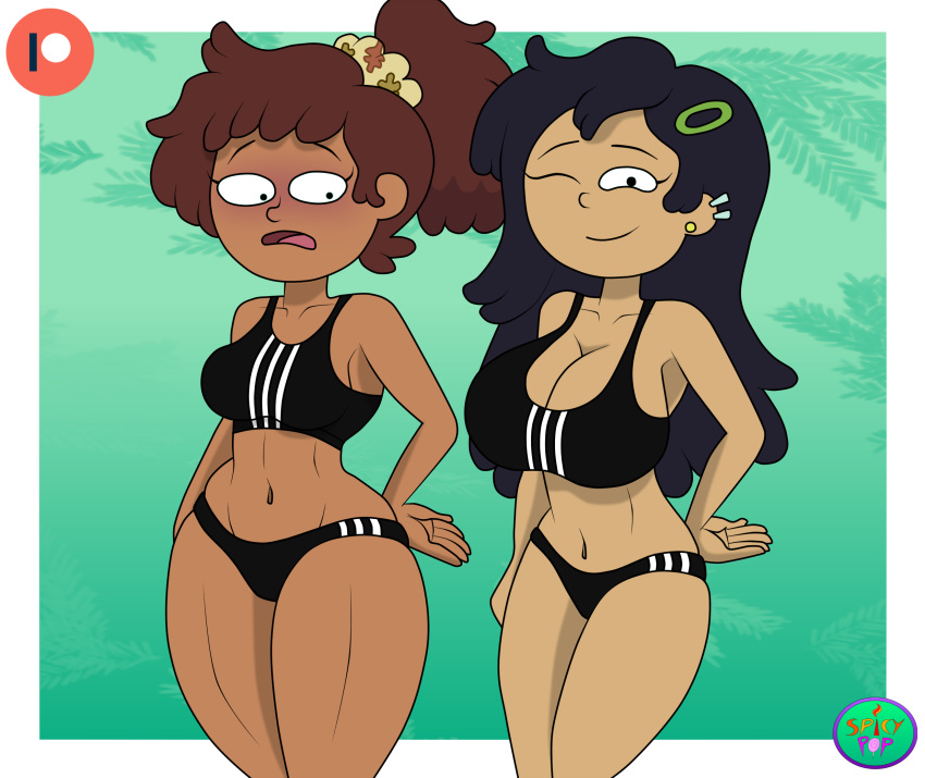 2girls amphibia amphibia_(finale) anne_boonchuy asian_female big_breasts breast_envy breasts disney disney_channel marcy_wu medium_support_(meme) meme spicypop sports_bra sports_panties sportswear tagme