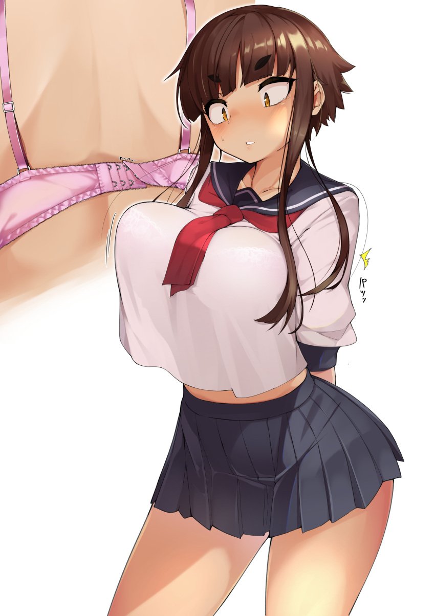 1girls arms_behind_back bangs big_breasts black_skirt blunt_bangs blush bra bra_snap bra_unclipped bra_visible_through_clothes breasts brown_eyes brown_hair collarbone cowboy_shot crop_top crop_top_overhang hi_res huge_breasts jovejun large_breasts midriff miniskirt multiple_views navel neckerchief original_character panties parted_lips pink_bra pink_panties pleated_skirt red_neckerchief sailor_collar school_uniform see-through see-through_silhouette serafuku shirt short_eyebrows short_hair short_hair_with_long_locks short_sleeves sidelocks simple_background skirt solo thick_eyebrows thighs tsubomioka_happa underwear unfastened untied_bra white_background white_shirt yellow_eyes