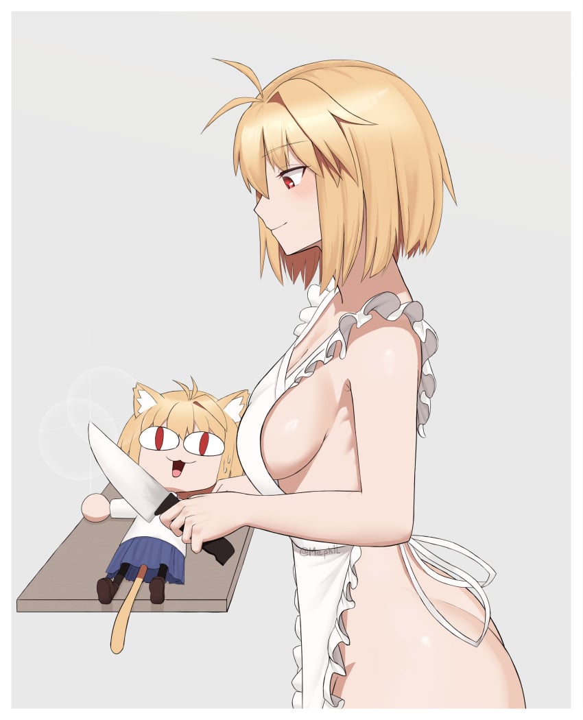 2girls absurdres ahoge antenna_hair apron arcueid_brunestud ass ass_focus bare_shoulders big_ass blonde_hair blush bottom_heavy breasts cat_ears cat_girl catgirl chibi cleavage collarbone cutting_board dual_persona from_side grey_background highres holding holding_knife huge_ass implied_nudity kitchen_knife knife large_ass large_breasts looking_at_another melty_blood meph1l mephi naked_apron neco-arc nude nude_female profile red_eyes short_hair side_view sideboob simple_background smile tsukihime tsukihime_(remake) upper_body white_apron