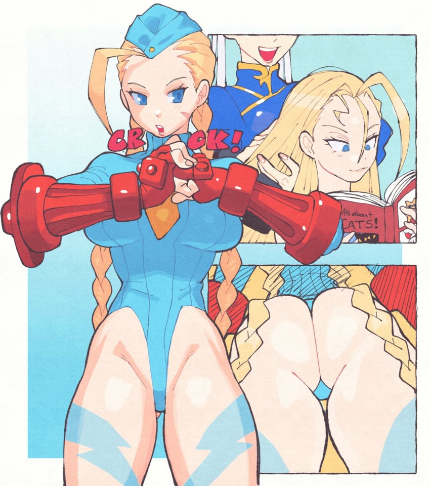 2024 2girls ass ass_focus ass_visible_through_thighs blonde_hair blue_clothing blue_eyes braid breasts cammy_white capcom chun-li close-up clothed clothed_female clothing cracking_knuckles facial_scar female female_only fingerless_gloves front_view fully_clothed gloves hair handwear hat headwear hi_res human human_only inkuusan leotard light-skinned_female light_skin long_hair markings medium_breasts multiple_girls scar smile smiling solo_focus standing street_fighter thigh_gap thighs twin_braids very_long_hair