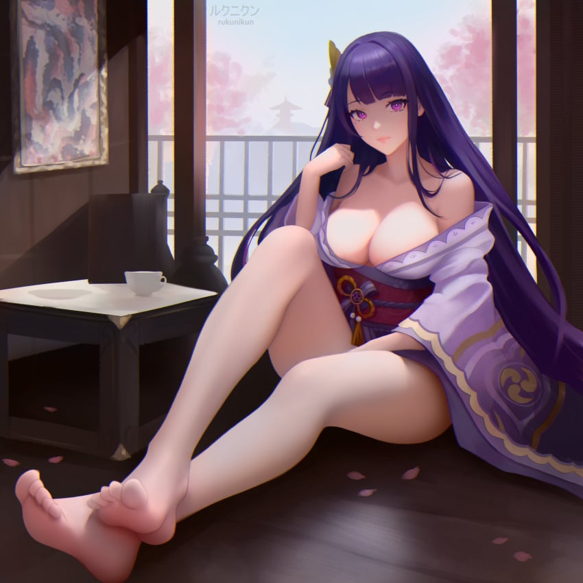 absurdres barefoot blunt_bangs bottomless cherry_blossoms feet female foot_fetish foot_focus genshin_impact highres kimono long_hair looking_at_viewer off_shoulder partially_clothed purple_eyes purple_hair raiden_shogun rukunikun sitting solo solo_female toes very_long_hair